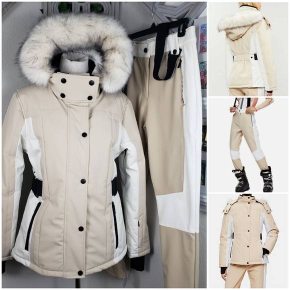 Topshop Snow Ski Set Coat Pants Fur Hoodie Tan Cream Black NEW w/o tags. Sz 6/10 - Picture 1 of 16